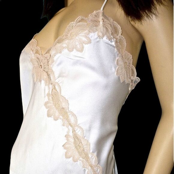 VTG SHINY WHITE SATIN BEIGE LACE FLORAL LONG NIGHTGOWN THIN STRAP -MISS ELAINE- - Picture 8 of 14